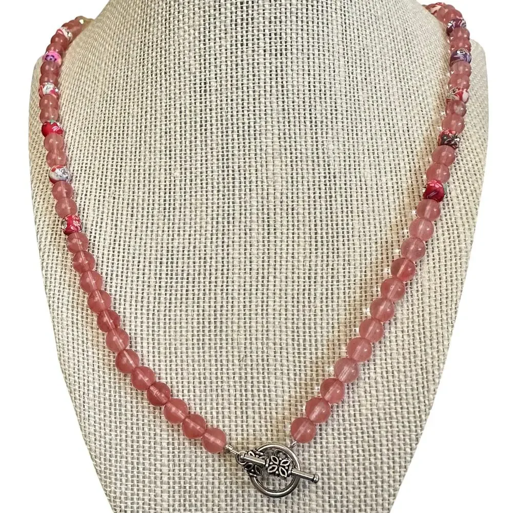 Rose quartz beaded necklace‎ with stainless locket for beads - perfumed ball